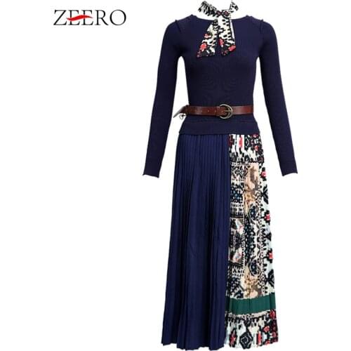 2020 Autumn Women Print Patchwork Long Sleeve Knitted Sweater Dress Elegant Female Plus Size Sashes Pleated Midi Winter Dresses