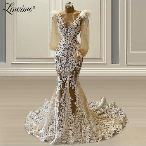 Illusion Dubai Women Evening Dresses 2021 Long Sleeves Robe De Soirée Muslim Party Gowns Abiti Da Cerimonia Mermaid Prom Dress