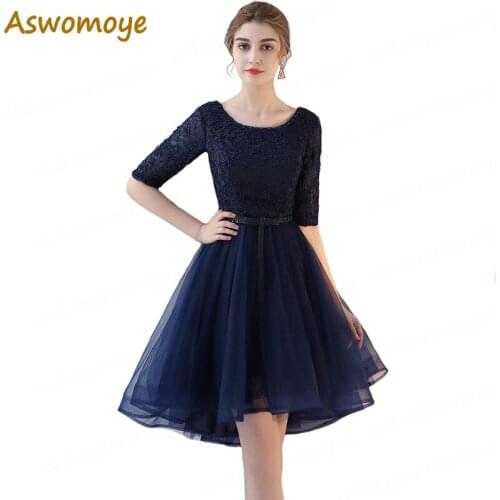 Aswomoye 2018 New Elegant Evening Dress Beaded O-Neck Wedding Party Dress Half Sleeve with Bow Asymmetrical robe de soiree