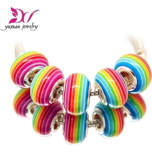10 rainbow colors 14mm Acrylic Silver Cord Big Hole Loose Beads Fit European Jewelry Bracelet Charms DIY 10pcs perlas
