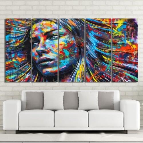 5 Piece Canvas Art Psychedelic abstract colorful hair figure woman face painting Wall Art Modular Picture CU-2010C