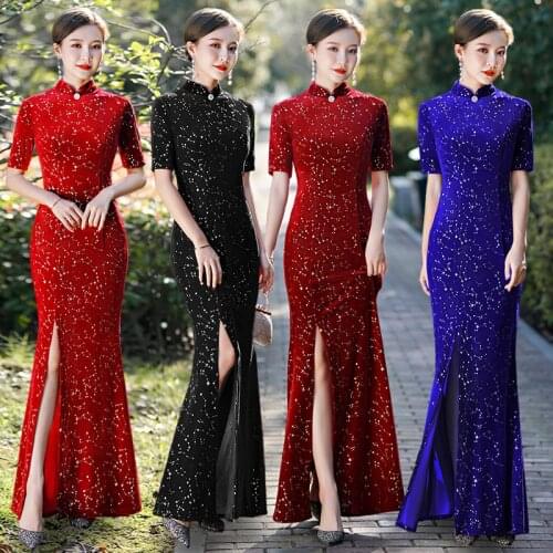 Velvet Cheongsam Long Evening Dresses Sexy Split Qipao Traditional Chinese Clothing Oriental Style Party Gown Female Mermaid