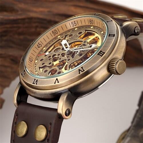 Classic Men Watch Automatic Mechanical Skeleton Male Clock Top Brand Luxury Antique Bronze Design Sport Military Wristwatch 076