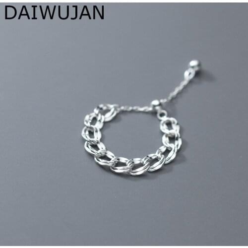 DAIWUJAN Personality 925 Sterling Silver Simple Link Chain Shaped Rings For Women Korean Adjustable Ring Punk Jewelry Couple