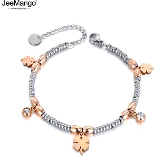 JeeMango Trendy Stainless Steel CZ Crystal Flower Charm Bracelets For Women Girl Rose Gold Chain & Link Bracelet Jewelry JB19106