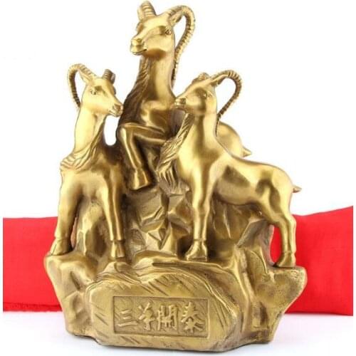 Chinese Brass Carving Three Sheep Goats Zodiac Animal Fengshui Wealth Decoration