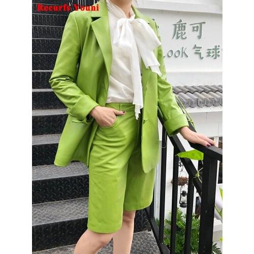 2 Piece Suits Women Quality Genuine Leather Jacket Female Chic Blazer and pant Set Green Camel Shorts Conjuntos Femininos Coat