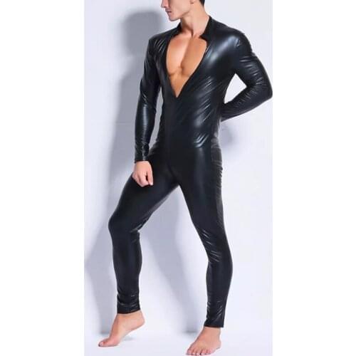 M-3XL Leather Zipper Open Crotch Latex Catsuit Jumpsuit Sexy Lingerie for Men Erotic Costumes Wetlook Catsuit Bodysuit Clubwear