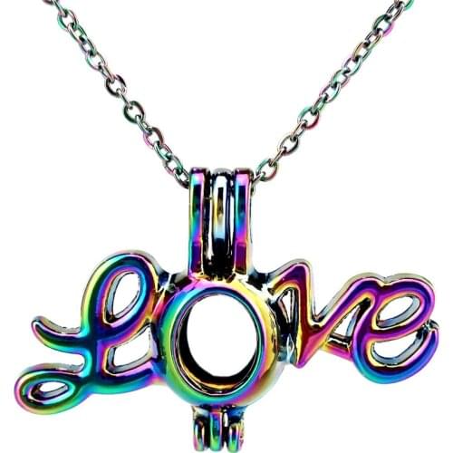 C498 Rainbow Color Big Love Cage Pendant Locket Aroma Essential Oil Diffuser Locket Necklace