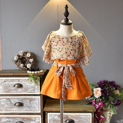 Summer chiffon print Girls 2 pcs set floral t-shirt loose shorts sets 2 -8 Yrs Kids girls Bohemian style Beach clothes outfits