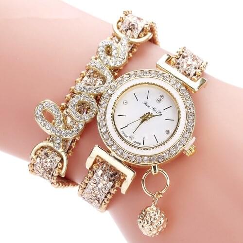 Top Brand Women Bracelet Watches Ladies Love Leather Strap Rhinestone Quartz Wrist Watch Luxury Fashion Quartz Watch