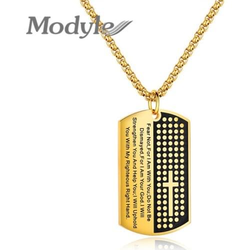 Modyle Dog Tag Cross Necklaces & Pendant Gold Color Stainless Steel Chain Bible Scripture Christian Jewelry Christmas Gift