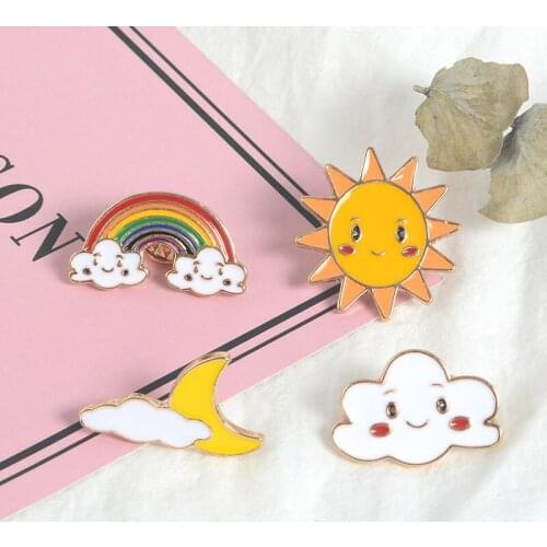 Cartoon Pins Cloud Rainbow Moon Sun Smiling Face Sweety Lapel pins Brooches for Little Girls Denim Shirt Bag Accessories
