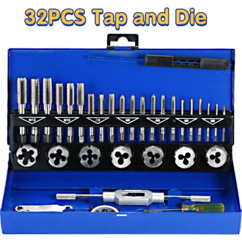 32 PCS HSS Tap and Die Set Metric Wrench Cut M3-M12 Tap and Die Set Metric Hand Threading Tool Set Engineer Kit with Metal Case