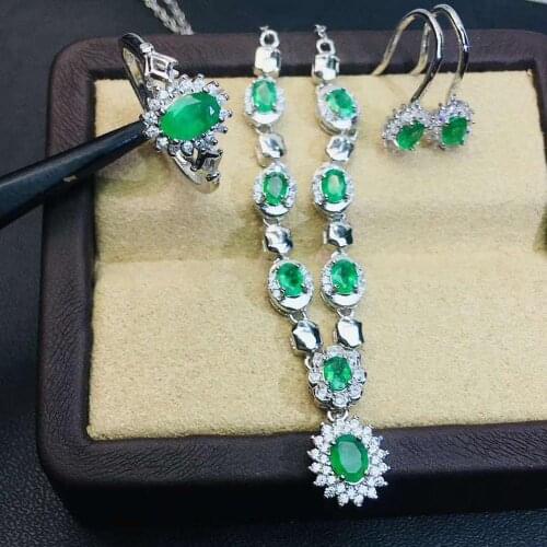 Real Natural Emerald jewelry set Natural Real Emerald 925 sterling silver 1pc pendant,1pc ring,2pcs Earring