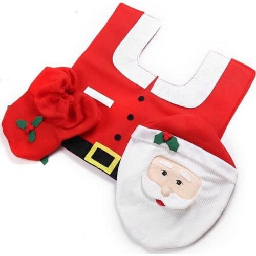 Navidad Deco 3Pcs Fancy Santa Toilet Seat Cover Rug Bathroom Set Contour Rug Christmas Decorations
