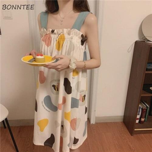 Nightgowns Women Summer Sleeveless Simple All-match Fashion Korean Style Spliced Printing Loose Casual Chic Elegant Ulzzang Soft