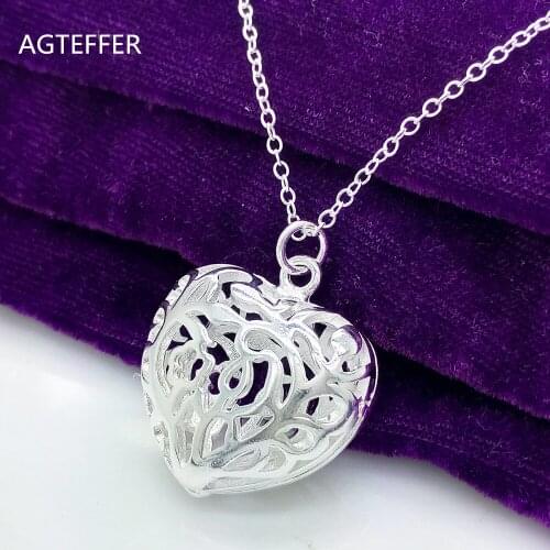 AGTEFFER 925 Sterling Silver 18 Inch Hollow Pattern Heart Pendant Necklace For Women Fashion Wedding Party Charm Jewelry
