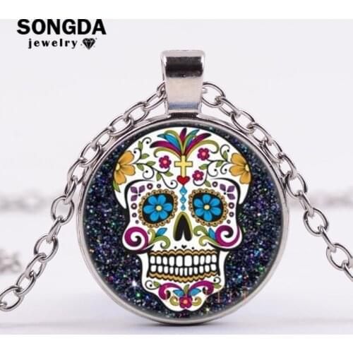 SONGDA Brand Hot Fashion Mexican Sugar Skull Necklace Steampunk Gothic Day of The Dead Glass Cabochon Necklaces Pendants Jewelry