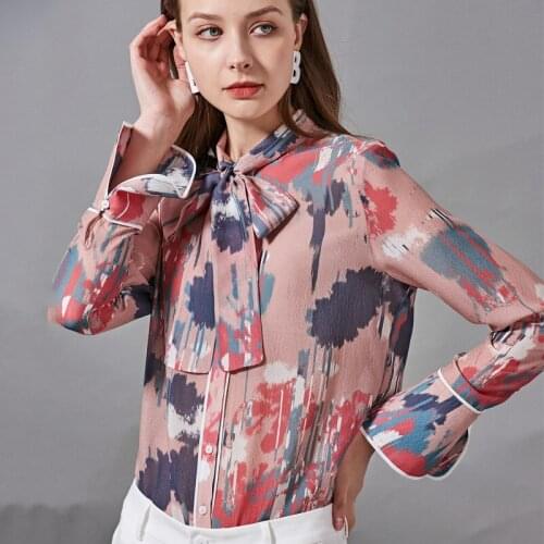 Real Silk Shirt Women Tops Spring pink cardigan bow tie Blouse Lady Pink long-sleeved Floral Flowers printed silk shirt women