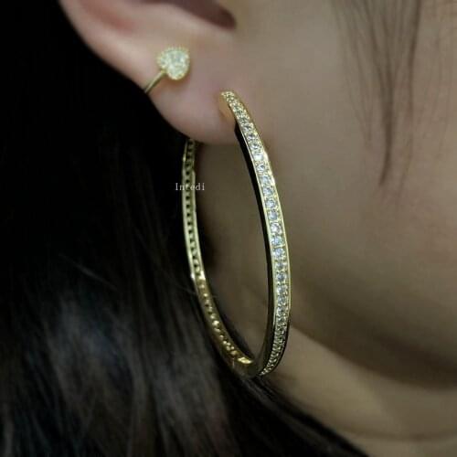 Luxury Big Round Hoop Earrings For Women Gold plated white Cubic Zirconia stone Simple Large Earrings Girl party Fashion Jewelry