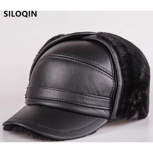 SILOQIN natural cowhide leather fur hat bomber hats for men velvet warm earmuffs caps Sombrero de cuero winter mens leather cap
