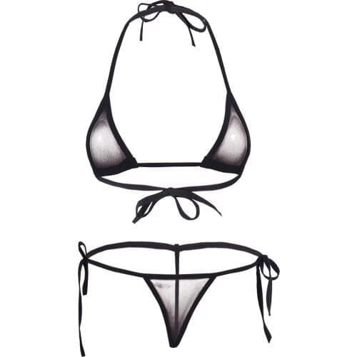 Sexy Lingerie Set 2021 Women Mesh See-Through Halter Bikini Top with Tie Side G-string Bottom Set Swimwear Swimsuit Bathing Suit