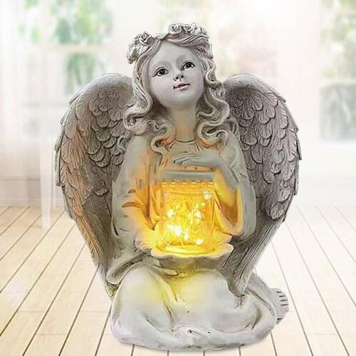 LED Illuminate Resin Guardian Angel Statue Absorbs Solar Energy Sun Resistance Antique White Finish Garden Sculpture Home Decor