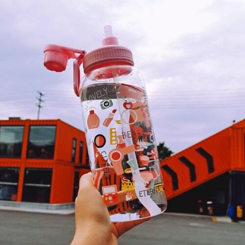 Glass Water Bottle Large Capacity Bike Pattern Straw GIRLS Glass bottles Creative Cute with Measuring 350/500/600/1000ml