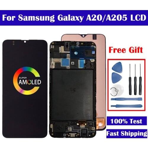 Super AMOLED For Samsung Galaxy A20 A205/DS A205F A205FD A205A Display Touch Screen Digitizer LCD with Frame For Samsung A20