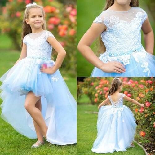 Light Blue Flower Girl Dress High Low Lace Tulle Backless Wedding Princess Girls Pageant Dress For Party Birthday Wear