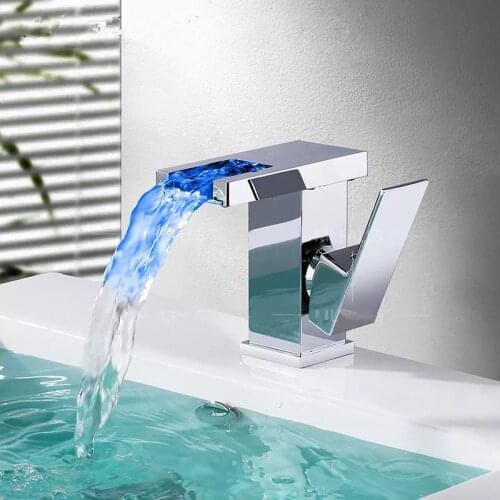 BAKALA Bathroom LED Waterfall Faucet Sink Basin Mixer Tap Square Chromed Bathroom Mixer Tap Tall or Short BR-714