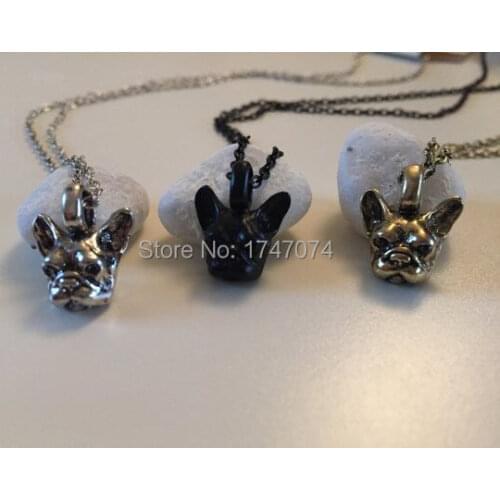 Trendy New Vintage Hippie French Bulldog Pendant Necklace Antique Silver/Bronze/Gun Black Color