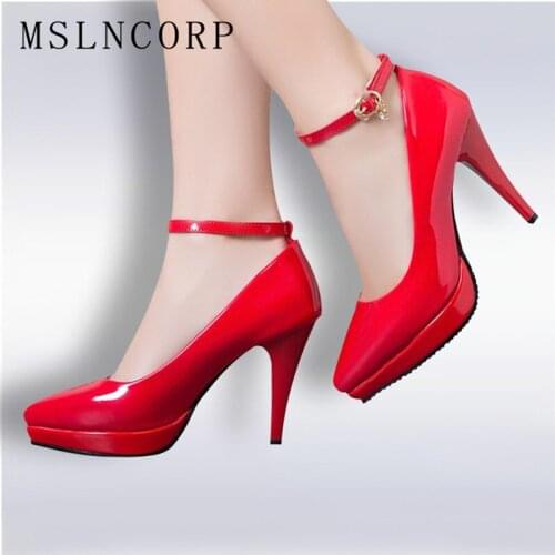 Plus Size 34-43 Women Platform High Heel Shoes Patent Leather Pumps Ladies Fashion Sexy Pointed Toe Black Buckle Design OL Style