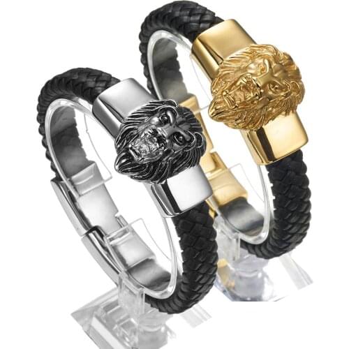 High Quality Gold Leather Chain With Stainless Steel Lion Head Bracelet Fashion Mens Cuff Jewelry 15mm*8.66"