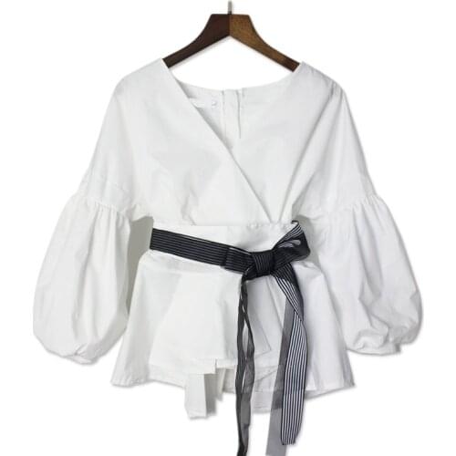 PERHAPS U Puff Sleeve Half Sleeve V Neck Button Back Striped Sash Women Shirt Top Summer White Black B0152