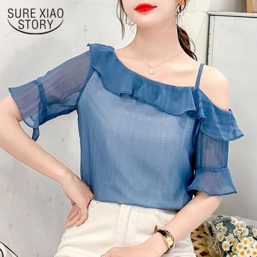 Korean Fashion Clothing 2021 Spliced Solid Ruffled Chiffon Short Flare Sleeve Ladies Tops Elegant Blue Shirt Blusas Female 14110