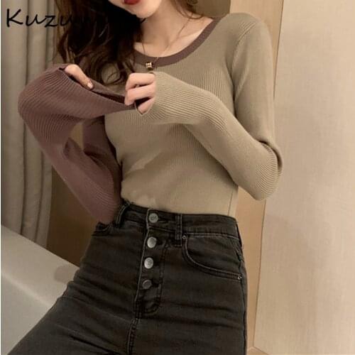 Kuzuwata O Neck Pullover Long Sleeve Loose T Shirt Women Hit Color Patch Slim Fit Blusas Casual All Match Spring Sueter Cloth