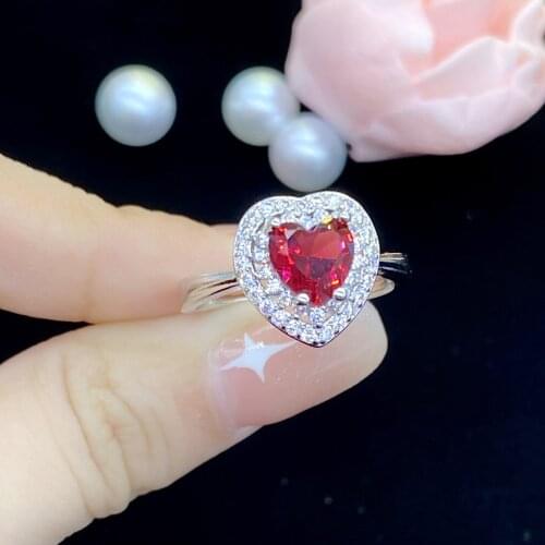 925 Silver New Fashion Temperament Heart-shaped Simulation Ruby Love Group Inlaid Zircon Adjustable Ring For Women Fine Jewelry