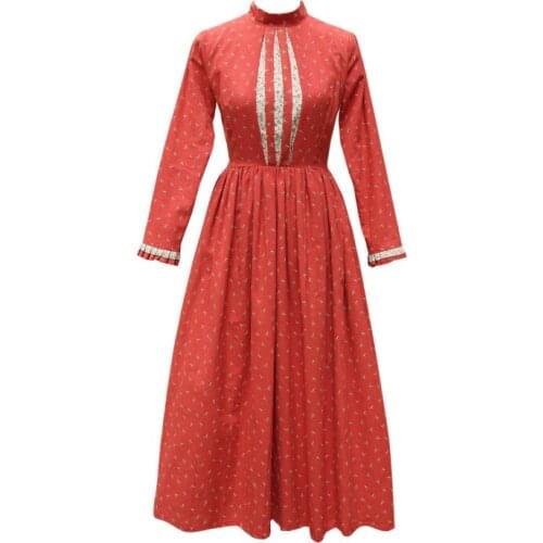 Spring Autumn Vintage Royal French Pastoral Style Elegant Floral Thick Cotton Red Long Dress Women clothes 2020 vestidos
