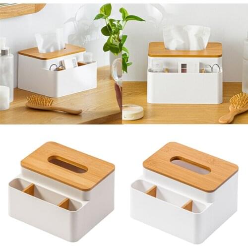 1Pc Nordic Plastic Tissue Box Desktop Paper Towel Holder Office Home Napkin Storage Case with Bamboo Cover