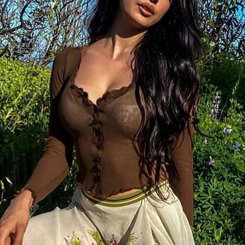 2021 Fashion Mesh Women Blouse Sexy O Neck 2021 Long Sleeve See Through Gauze Perspective Frill Shirts Women Home Beach Wear