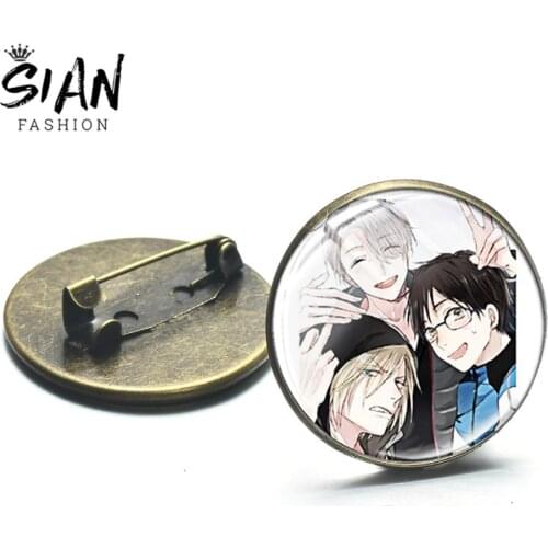 SIAN Cute Anime Yuri On Ice Cosplay Brooch Badge Victor Katsuki Plisetsky Glass Cabochon Metal Brooches Handmade Bronze Coat Pin