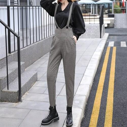 Houndstooth Criss-cross Strap Pants Autumn New Fashion Harem Pants For Women Empire Pleated Little Elastic Bird Lattice Trousers
