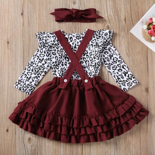 2020 Baby Autumn Clothing Newborn Infant Toddler Baby Girl Leopard Longsleeve Romper Ruffle Dress Headband 3pc Outfit Set