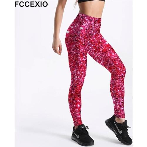 FCCEXIO New Women Fitness Workout Fashion Leggings Pink Sequins 3D Digital Print Push Up Women Elastic Force Legging