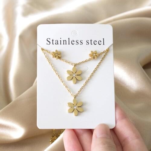 LUXUKISSKIDS New Gold Flower Shape Stainless Steel Double Necklaces Earrings Sets For Female Trendy Jewellry Sets bijoux femme