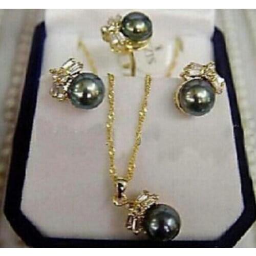 Fashion jewelry Jewelry CHARMING 100% Natural Black Pearl Earring Ring & Necklace Set-Bride jewelry