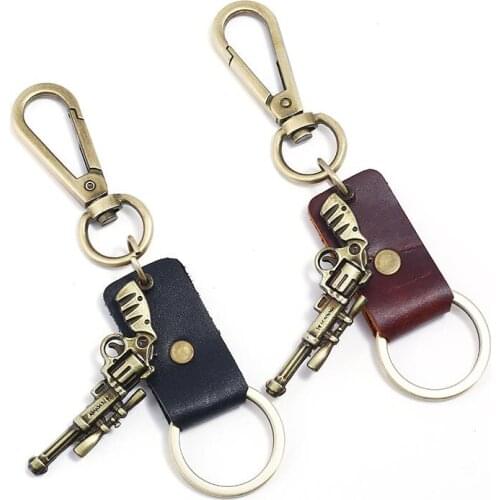 Fashion Punk Men Gun Car Leather Keychain Metal Shooting Game Weapon Charm Key Chain Keyrings Holder Retro Vintage Accessories