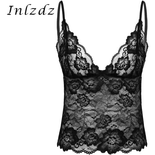 Mens Lingerie Sissy Camisole Vest Top Adjustable Spaghetti Shoulder Straps Deep V Neck Sexy See Through Sheer Lace Vest Crop Top
